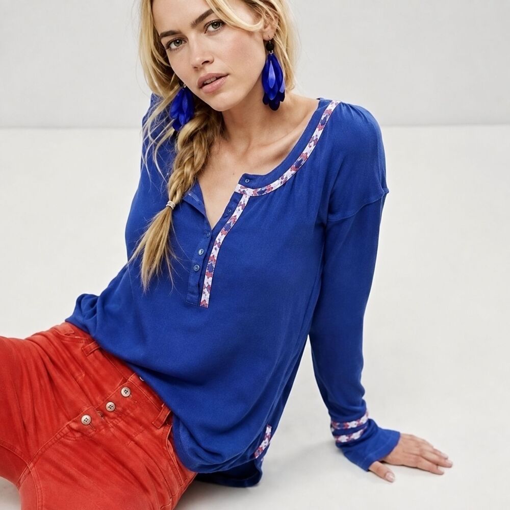 Free People We the Free Blue Rainbow Thermal Henley Small Round Hem
